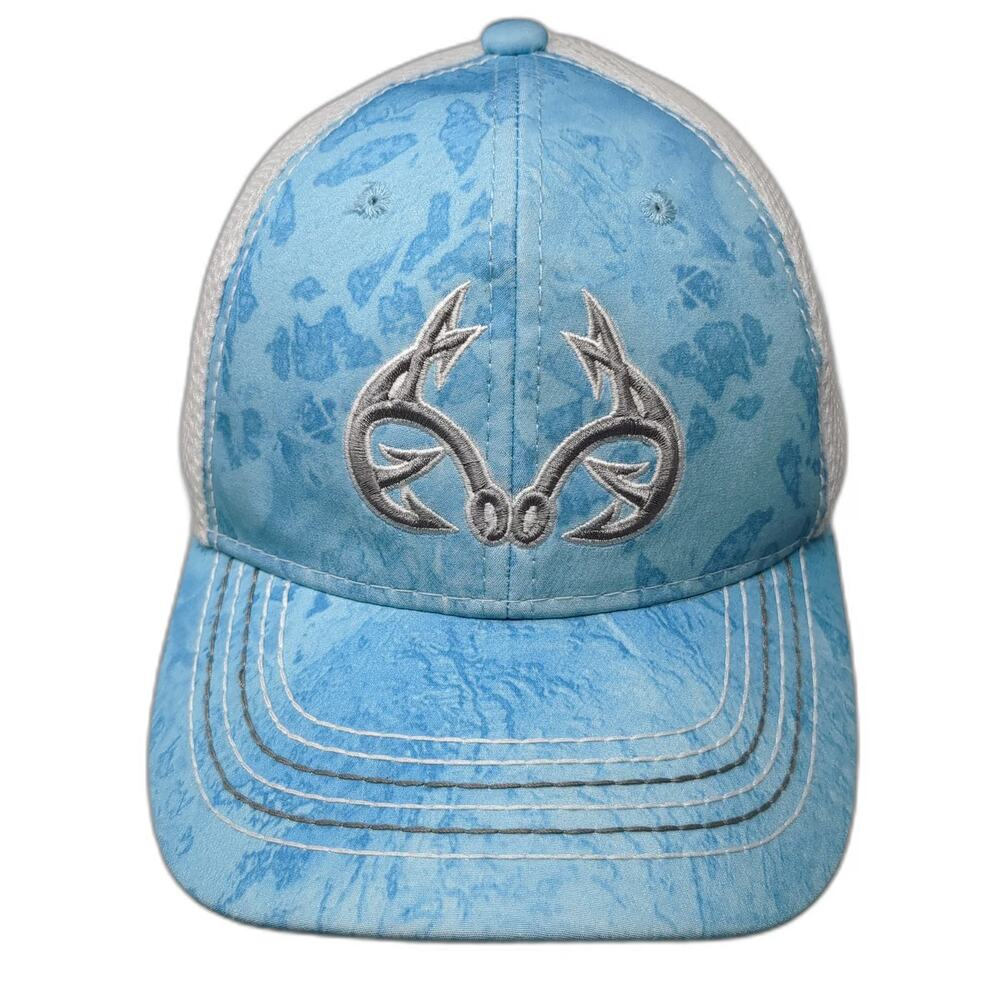 Realtree Fishing Blue Trucker Hat One Size Mesh Snapback Camo Fish Hook Logo